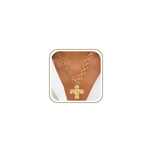 14K Gold Plated Chunky Necklace for Women, Trendy Hammered Bold Cross